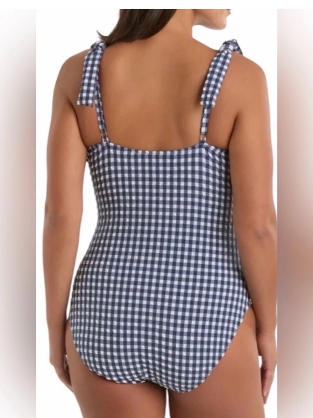 Ellen Tracy xxl Gingham Tie-Shoulder One-Piece Swimsuit - Navy